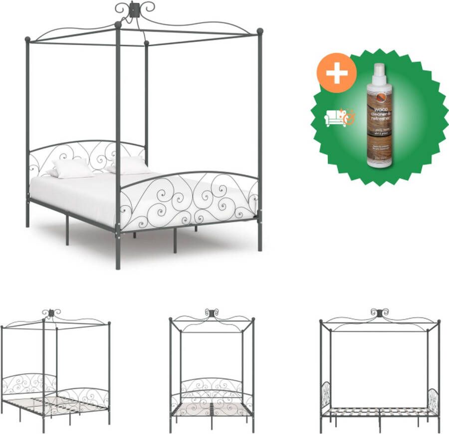VidaXL Metalen Hemelbedframe Grijs 211 x 149 x 227 cm Massief metaal Voor 140 x 200 cm matras Met bedhemel-optie Bed Inclusief Houtreiniger en verfrisser