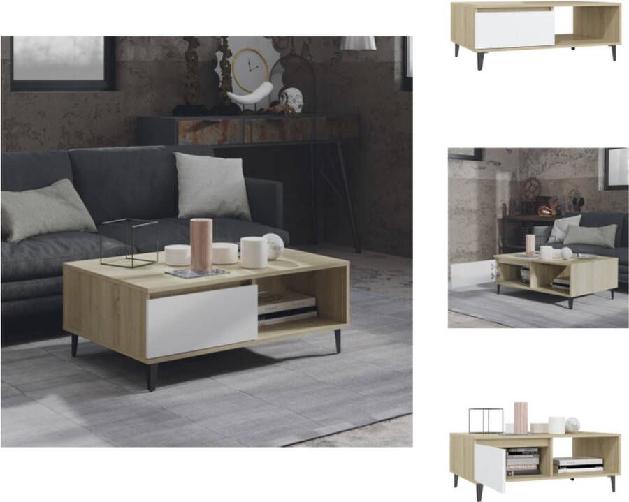 VidaXL Middentafel Bijzettafel 90 x 60 x 35 cm Wit en Sonoma eiken Spaanplaat en metaal Montage vereist Tafel - Foto 2