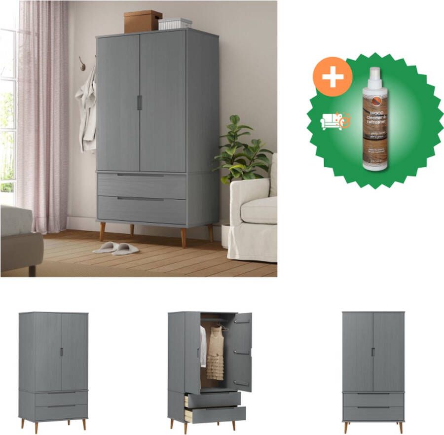 VidaXL MOLDE Kledingkast 90 x 55 x 175 cm Grijs Massief grenenhout met uv-vernis Kast Inclusief Houtreiniger en verfrisser