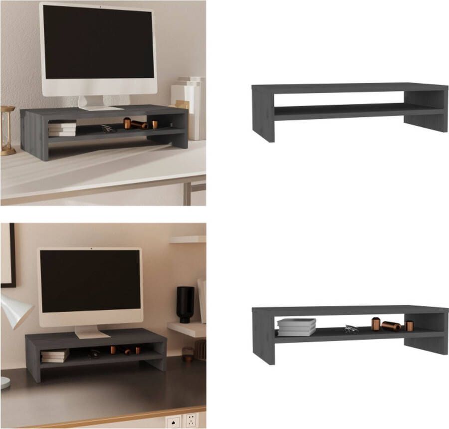 VidaXL Monitorstandaard 50x24x13 cm massief grenenhout grijs Monitorstandaard Monitorstandaards Monitor Standaard Computerstandaard