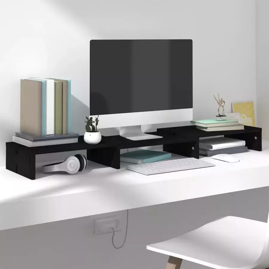 VidaXL -Monitorstandaard-80x24x10 5-cm-massief-grenenhout-zwart - Foto 2