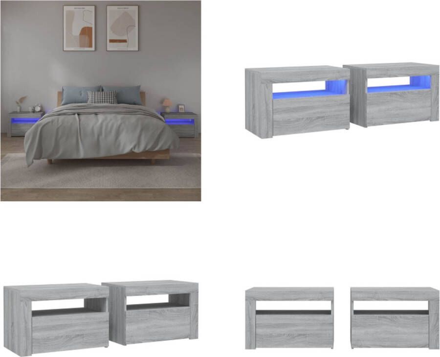 VidaXL Nachtkastje 2 st met LED-verlichting 60x35x40 cm grijs sonoma Nachtkastje Nachtkastjes Houten Nachtkastje Slaapkamerkast