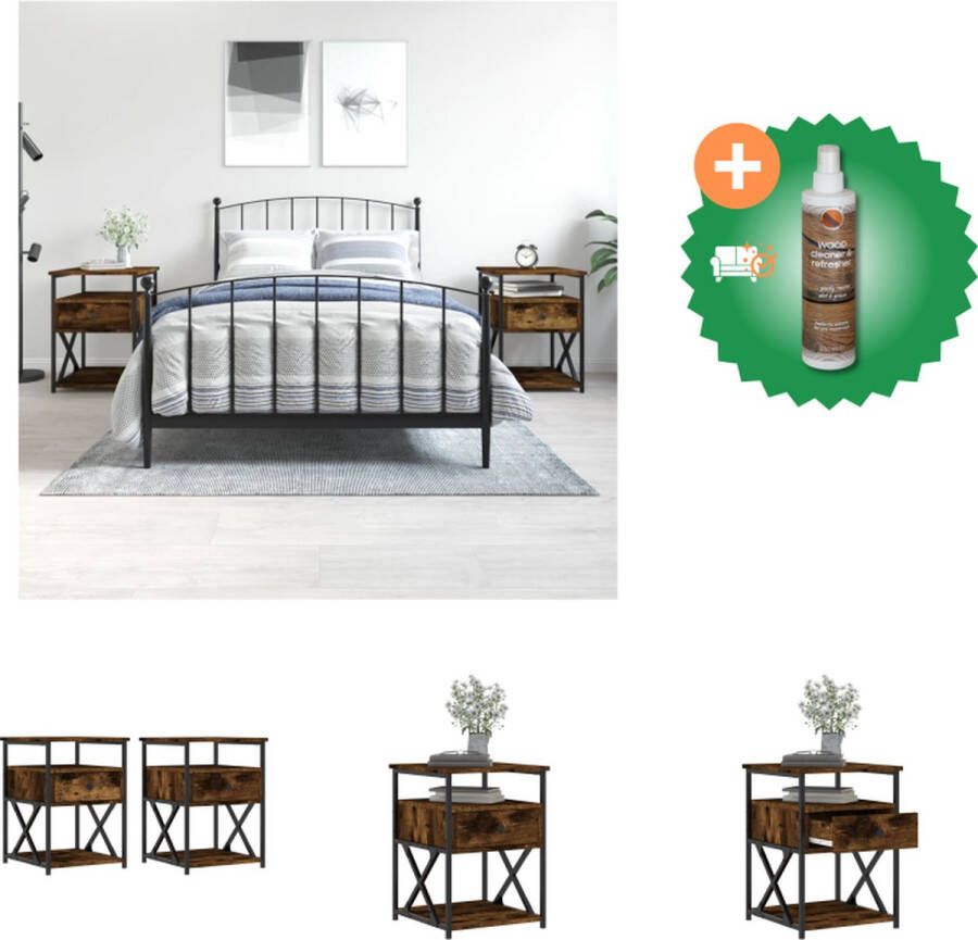 VidaXL Nachtkastjes 2 st 40x42x55 cm bewerkt hout gerookt eikenkleurig Kast Inclusief Houtreiniger en verfrisser