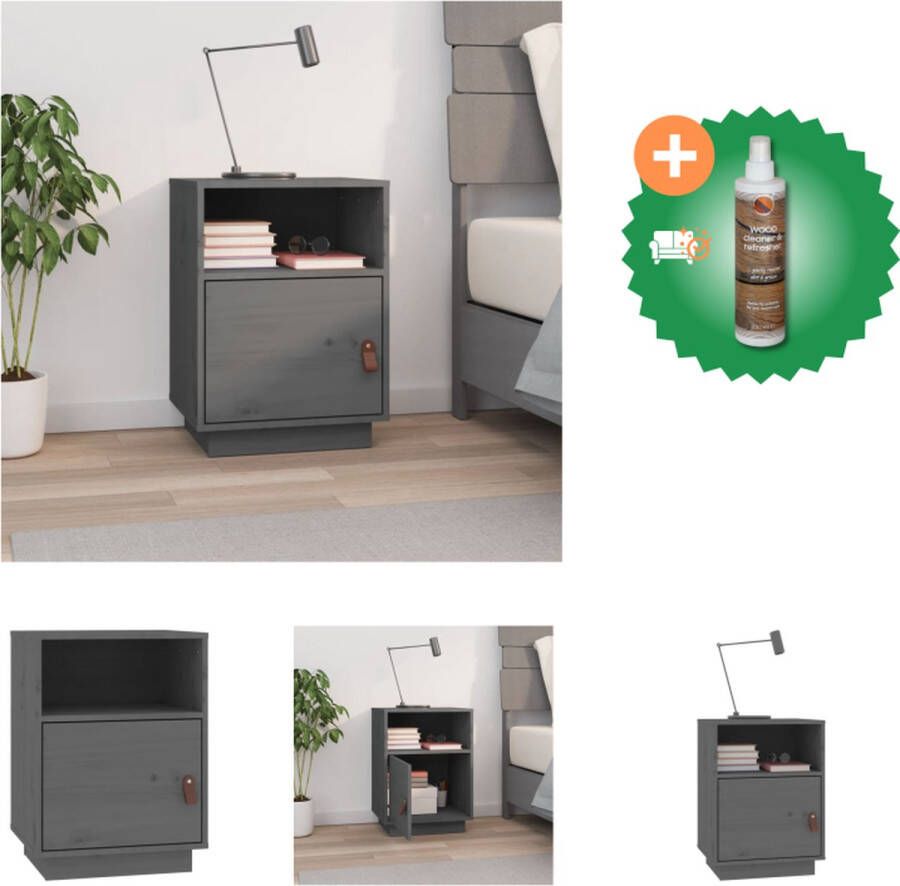 VidaXL Nachtkastje Grenenhout Met lade en deur Flexibele deurinstallatie 40x34x55 cm Grijs Kast Inclusief Houtreiniger en verfrisser