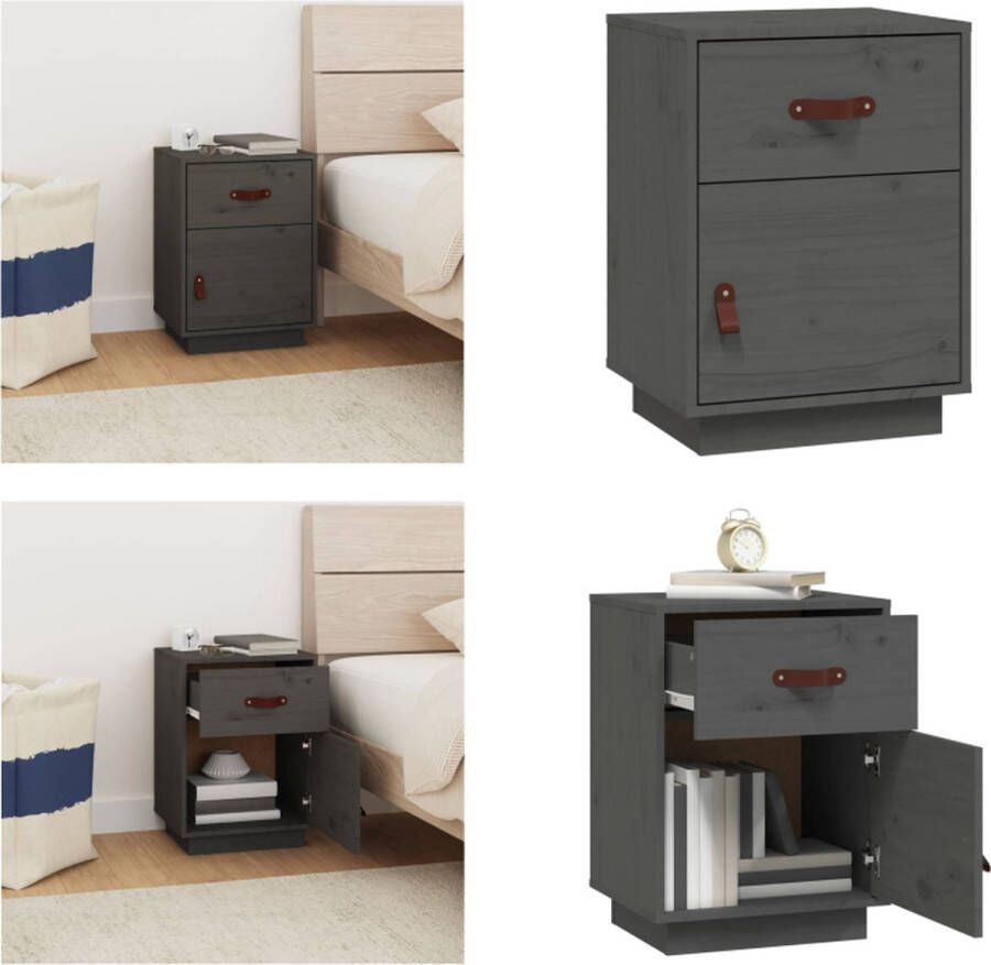 The Living Store Nachtkastje Grenenhout Met lade en deur Flexibele deurinstallatie 40x34x55 cm Grijs Nachtkastje Grenenhout Nachtkast Slaapkamermeubel Opbergvak - Foto 2
