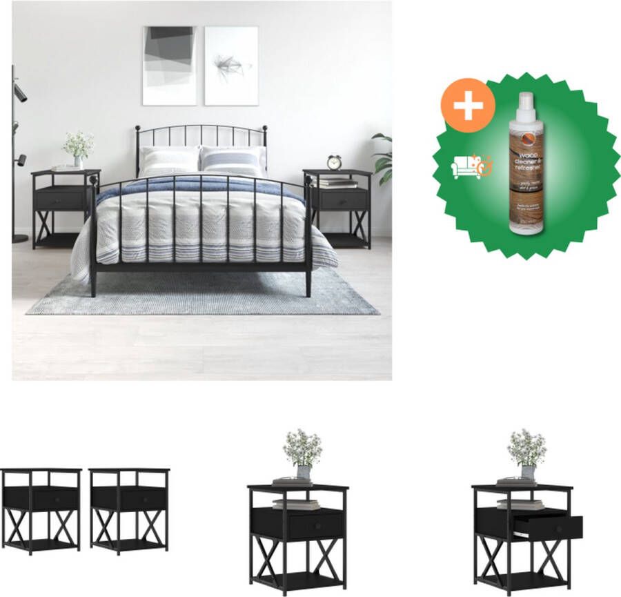 VidaXL Nachtkastjes 2 st 40x42x55 cm bewerkt hout zwart Kast Inclusief Houtreiniger en verfrisser