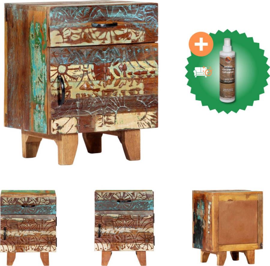 VidaXL Nachtkastje handgesneden 40x30x50 cm massief gerecycled hout Kast Inclusief Houtreiniger en verfrisser