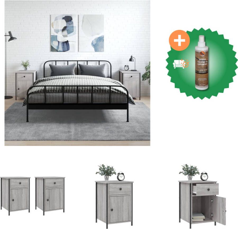 VidaXL Nachtkastje Grijs Sonoma Eiken Bewerkt hout en ijzer 40 x 42 x 60 cm Set van 2 Kast Inclusief Houtreiniger en verfrisser