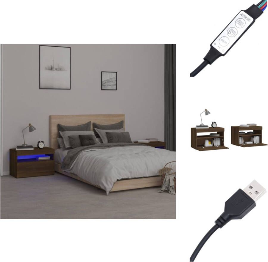 VidaXL Nachtkastje Nachtkastjes Houten Nachtkastje Slaapkamerkast Nachtkastjes 2 st met LED-verlichting 60x35x40 cm bruineiken