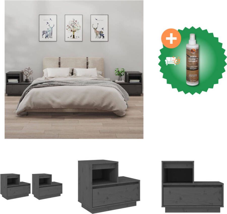 VidaXL Nachtkastje Elegant Massief grenenhout 60 x 34 x 51 cm Grijs Kast Inclusief Houtreiniger en verfrisser
