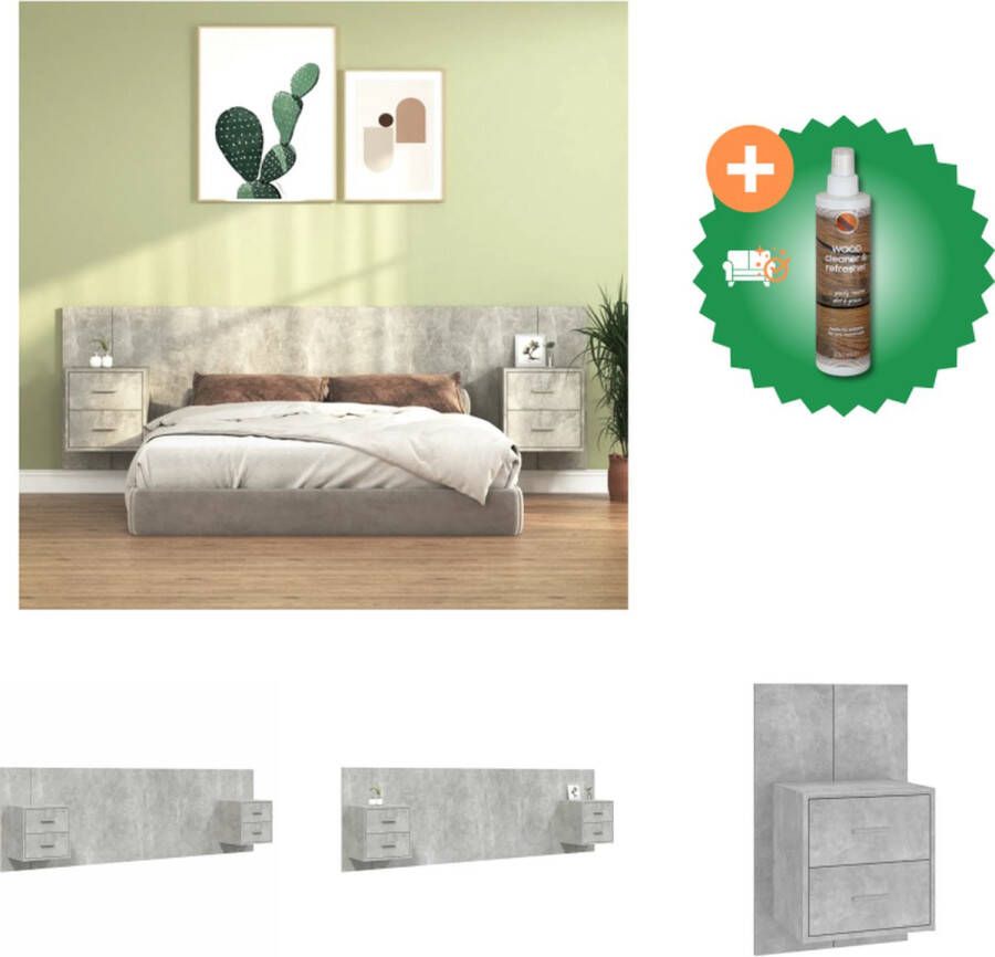 VidaXL Nachtkastje en Hoofdbord Betongrijs Bewerkt hout 48.5x32.5x80cm Wandmontage Opbergruimte Montage vereist Inclusief 2x nachtkastje 1x hoofdbord Bedonderdeel Inclusief Houtreiniger en verfrisser