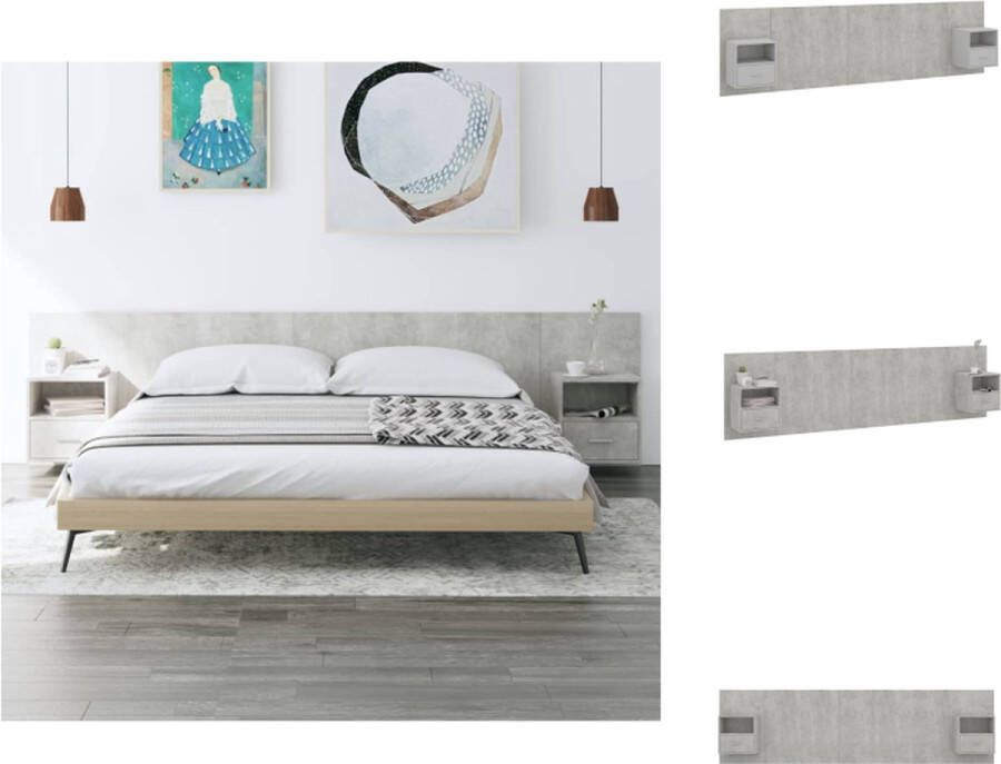 VidaXL Nachtkastje en Hoofdbord Betongrijs Hout 48.5 x 32.5 x 80 cm Opbergruimte Wandmontage Montage Vereist Bedonderdeel