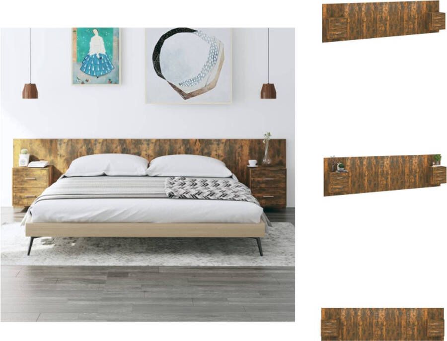 VidaXL Nachtkastje en Hoofdbord Gerookt Eiken Bewerkt Hout 48.5x32.5x80 cm Wandmontage Opbergruimte Montage Vereist 2x Nachtkastje 1x Hoofdbord Bedonderdeel