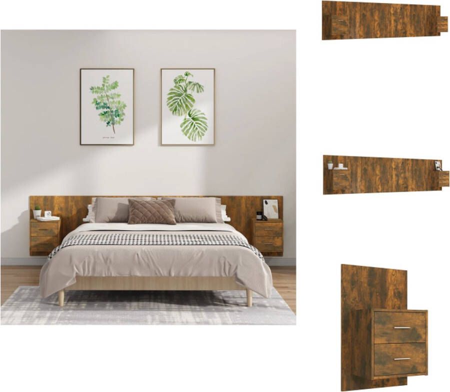 VidaXL Nachtkastje en Hoofdbord Gerookt Eiken Opbergruimte Wandmontage Bewerkt Hout 48.5 x 32.5 x 80 cm Montage vereist Levering bevat 2 x Nachtkastje 1 x Hoofdbord Bedonderdeel