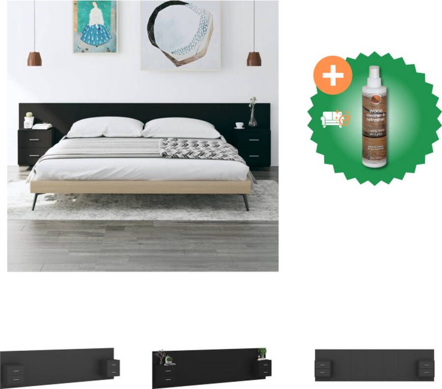 VidaXL Nachtkastje en Hoofdbord Zwarte Houten meubelen Wandmontage mogelijk Opbergruimte Stevig materiaal levering bevat 2x nachtkastje en 1x hoofdbord Bedonderdeel Inclusief Houtreiniger en verfrisser - Foto 2