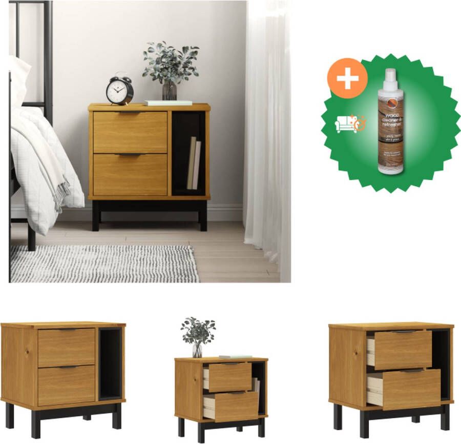 VidaXL Nachtkastje FLAM Massief grenenhout 49 x 35 x 50 cm 2 lades Eikenkleurige afwerking Kast Inclusief Houtreiniger en verfrisser