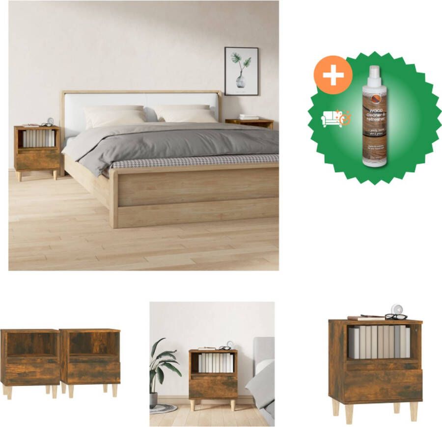 VidaXL Nachtkastje Gerookt Eiken 40 x 35 x 50 cm Elegant ontwerp duurzaam materiaal voldoende opbergruimte houten poten stabiel tafelblad 2x in doos Kast Inclusief Houtreiniger en verfrisser