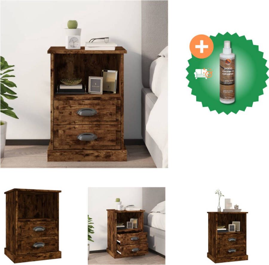 VidaXL Nachtkastje Gerookt Eiken 43 x 36 x 60 cm Duurzaam Hout 2 Lades en 1 Open Vak Kast Inclusief Houtreiniger en verfrisser