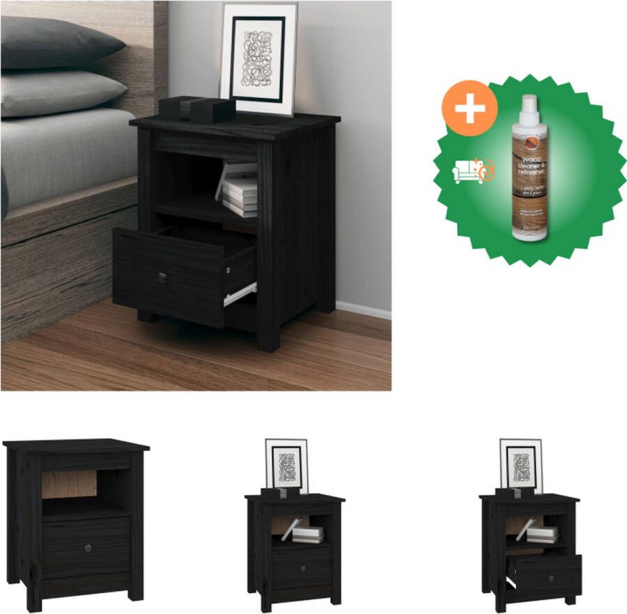 VidaXL Nachtkastje 40x35x49 cm massief grenenhout zwart Kast Inclusief Houtreiniger en verfrisser