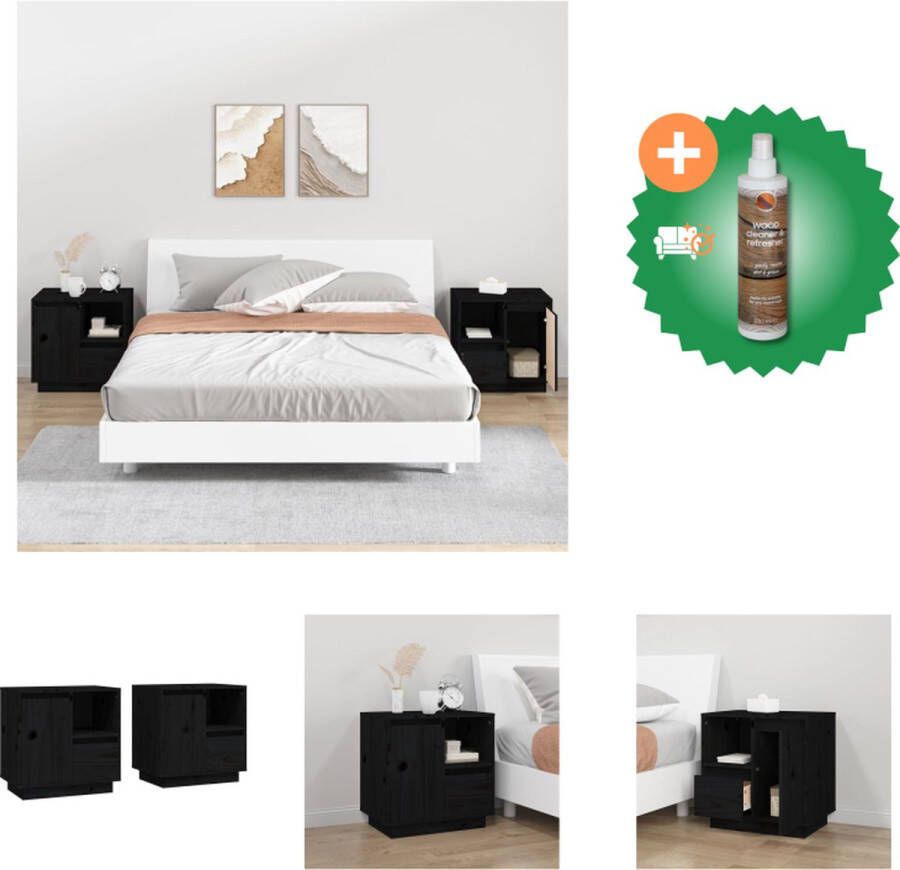 VidaXL Nachtkastjes 2 st 50x34x50 cm massief grenenhout zwart Kast Inclusief Houtreiniger en verfrisser