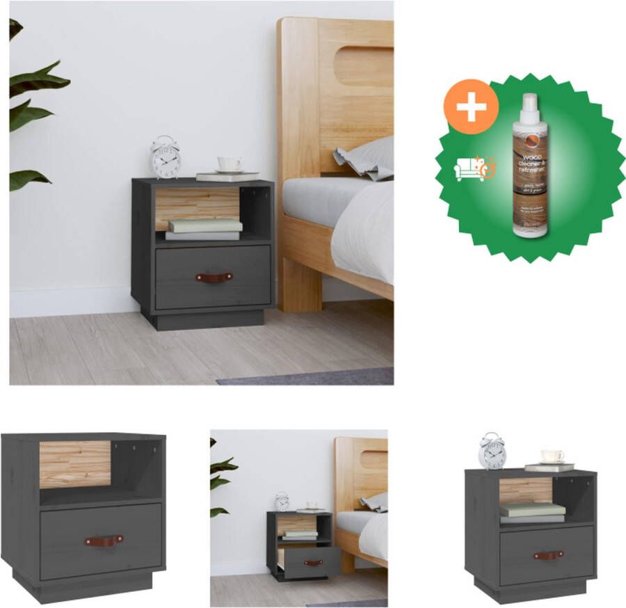 VidaXL Nachtkastje Grenenhout Grijs 40 x 34 x 45 cm Open vak en lade met kunstleren handgreep Kast Inclusief Houtreiniger en verfrisser - Foto 2
