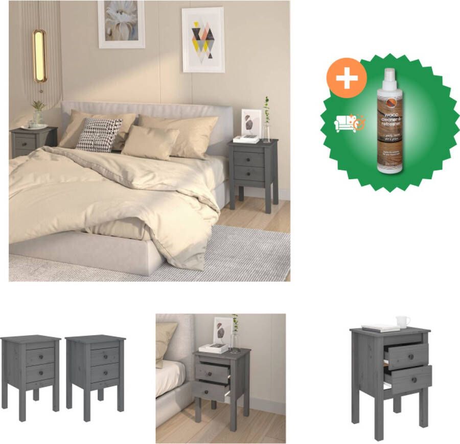 VidaXL Nachtkastjes 2 st 40x35x61-5 cm massief grenenhout grijs Kast Inclusief Houtreiniger en verfrisser