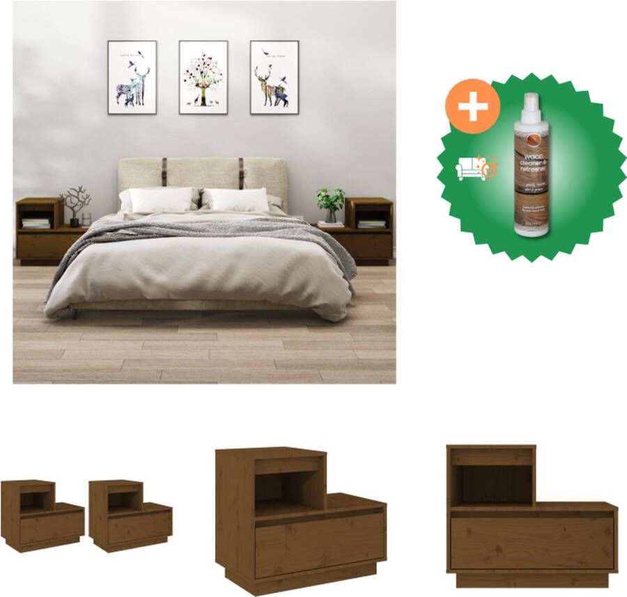 VidaXL Nachtkastjes 2 st 60x34x51 cm massief grenenhout honingbruin Kast Inclusief Houtreiniger en verfrisser