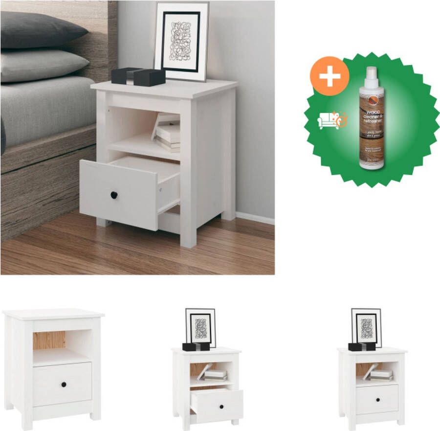 VidaXL Nachtkastje Grenenhout Houten Nachtkastje 40 x 35 x 49 cm Wit Kast Inclusief Houtreiniger en verfrisser