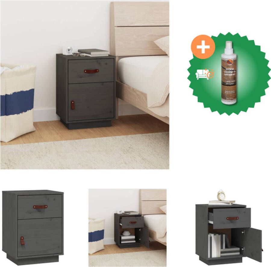 VidaXL Nachtkastje Grenenhout Met lade en deur Flexibele deurinstallatie 40x34x55 cm Grijs Kast Inclusief Houtreiniger en verfrisser - Foto 2