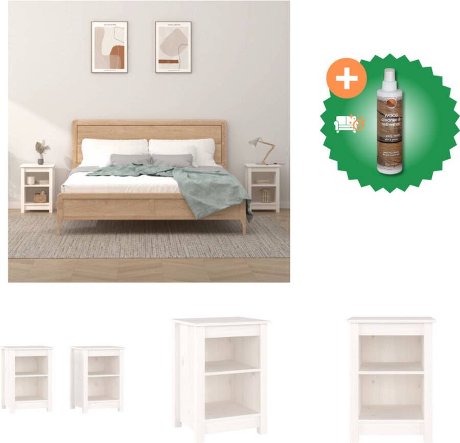 VidaXL Nachtkastjes 2 st 40x35x55 cm massief grenenhout wit Kast Inclusief Houtreiniger en verfrisser
