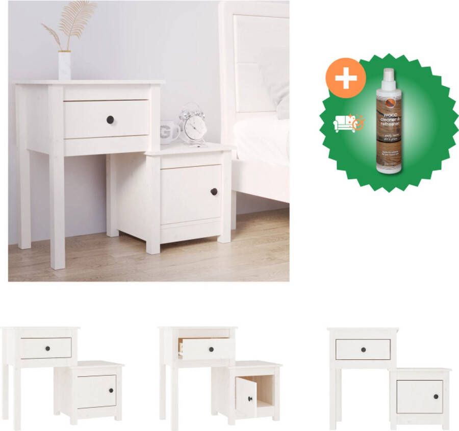VidaXL Nachtkastje Grenenhout Wit 79.5 x 38 x 65.5 cm Met lade en deur Kast Inclusief Houtreiniger en verfrisser