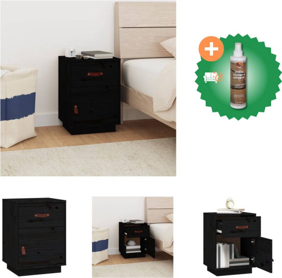 VidaXL Nachtkastje Grenenhout Zwart 40 x 34 x 55 cm Handige opbergruimte Kast Inclusief Houtreiniger en verfrisser