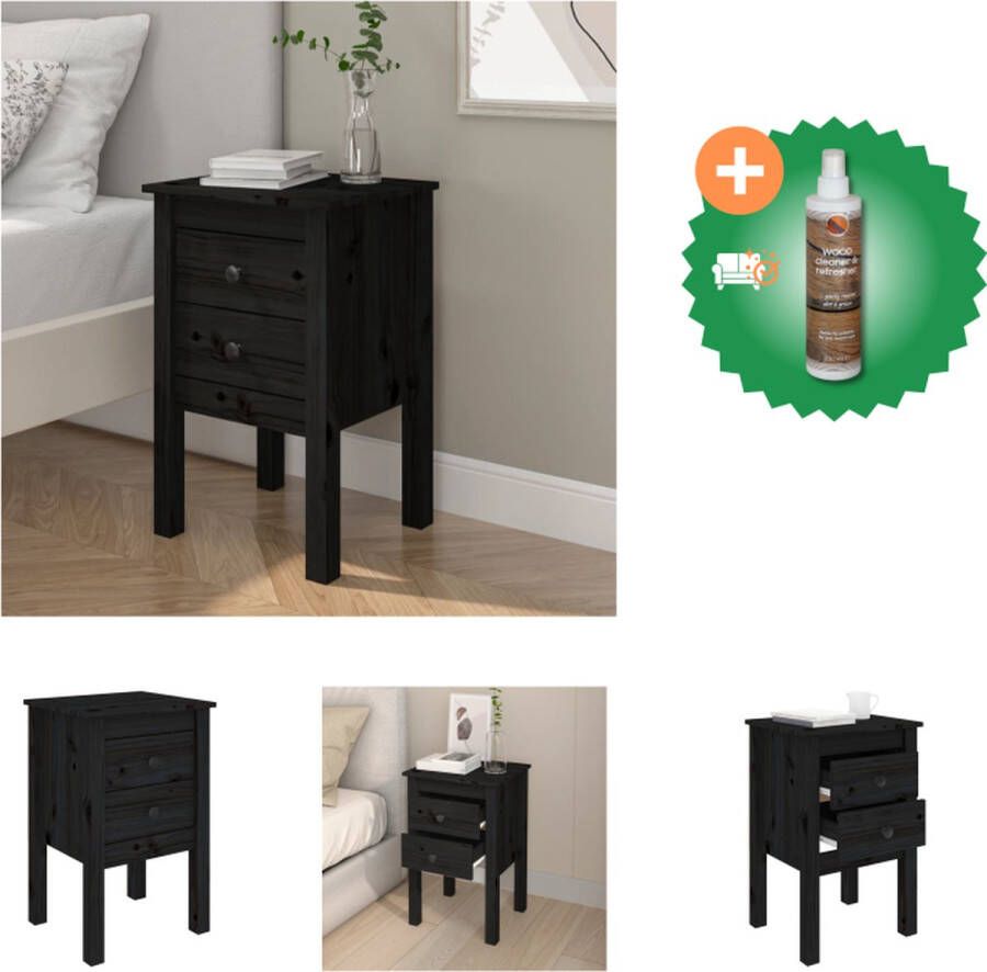 VidaXL Nachtkastje Grenenhout Zwart 40 x 35 x 61.5 cm 2 lades Stevig blad Kast Inclusief Houtreiniger en verfrisser - Foto 2