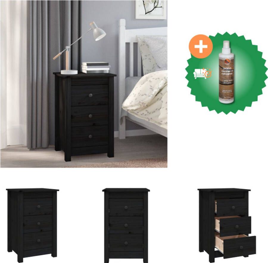 VidaXL Nachtkastje Grenenhout Zwart 40 x 35 x 61.5 cm 2 lades Stevig blad Kast Inclusief Houtreiniger en verfrisser