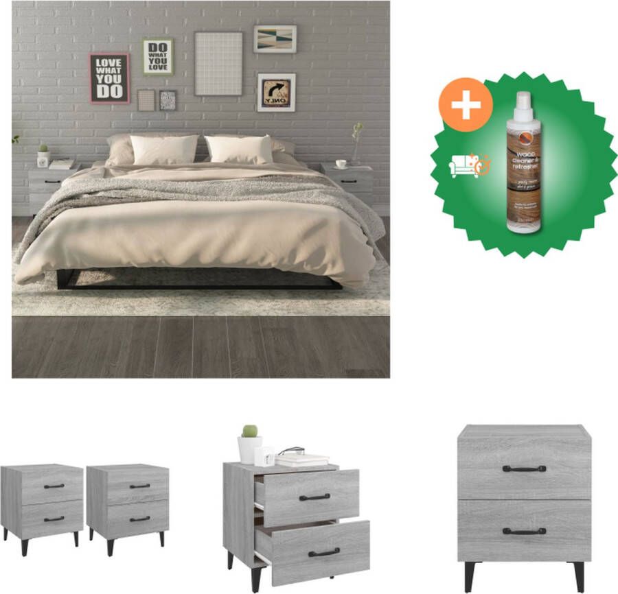 VidaXL Nachtkastjes Scandinavische Stijl Grijs Sonoma Eiken 40x35x47.5 cm 2 Lades Massief Eucalyptushout Kast Inclusief Houtreiniger en verfrisser