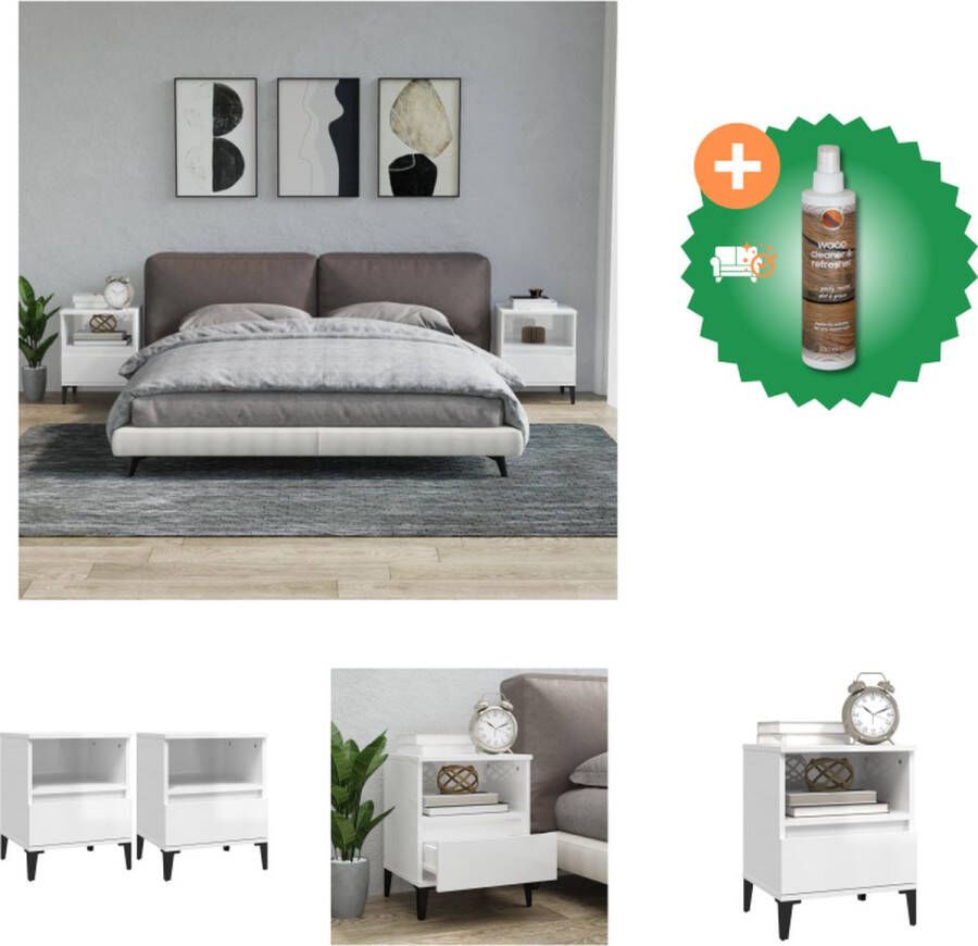 VidaXL Nachtkastjes Hoogglans wit 40 x 35 x 50 cm Bewerkt hout en massief eucalyptushout Kast Inclusief Houtreiniger en verfrisser - Foto 3