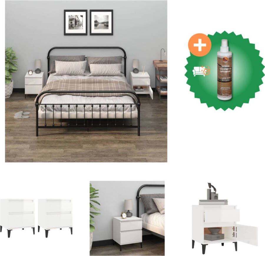 VidaXL Nachtkastje Hoogglans Wit 40 x 35 x 50 cm Stabiel blad Voldoende opbergruimte Bewerkt hout en metaal Kast Inclusief Houtreiniger en verfrisser