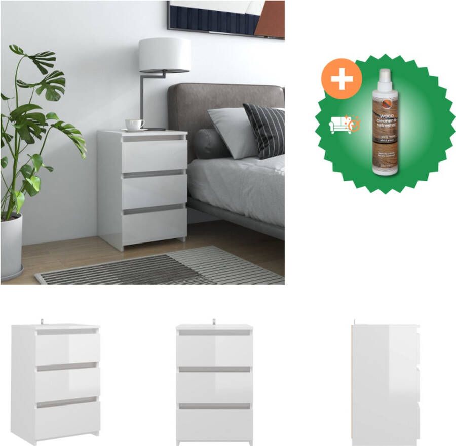 VidaXL Nachtkastje Hoogglans wit 40 x 35 x 62.5 cm 3 lades Montage vereist Kast Inclusief Houtreiniger en verfrisser