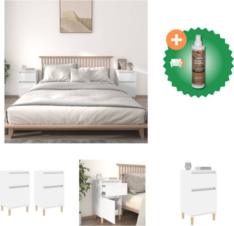 VidaXL Nachtkastje Hoogglans Wit 40 x 35 x 70 cm Bewerkt hout en Eucalyptushout Kast Inclusief Houtreiniger en verfrisser
