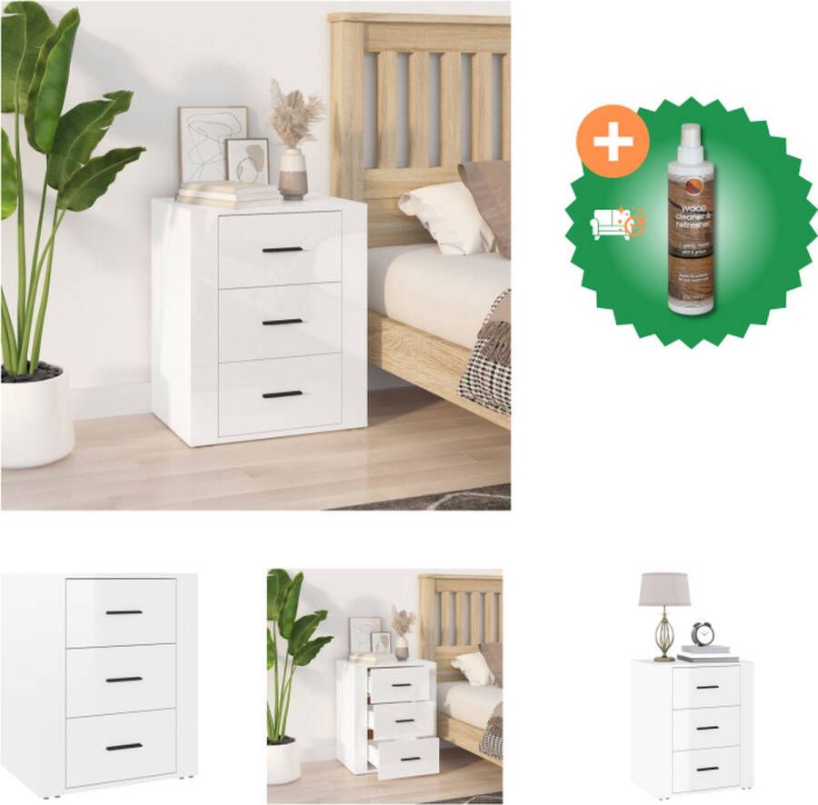 VidaXL Nachtkastje Hoogglans Wit Bewerkt Hout 50x36x60 cm Drie lades Kast Inclusief Houtreiniger en verfrisser