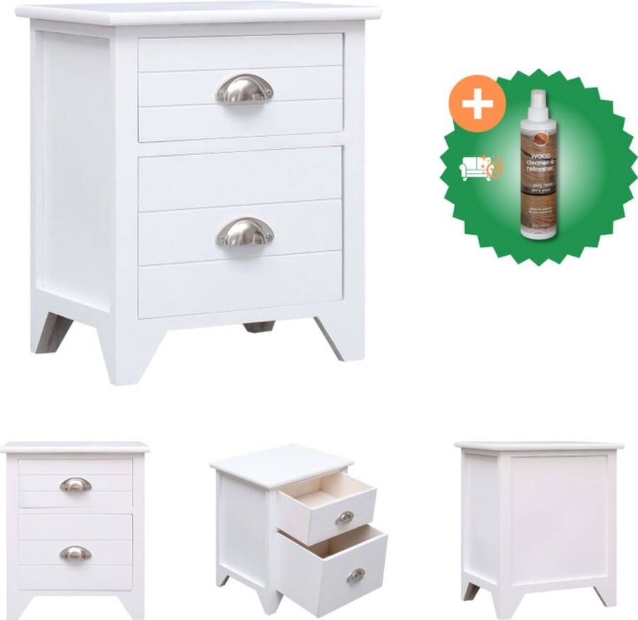 VidaXL Nachtkastje Hout 38 x 28 x 45 cm 2 lades Wit Kast Inclusief Houtreiniger en verfrisser