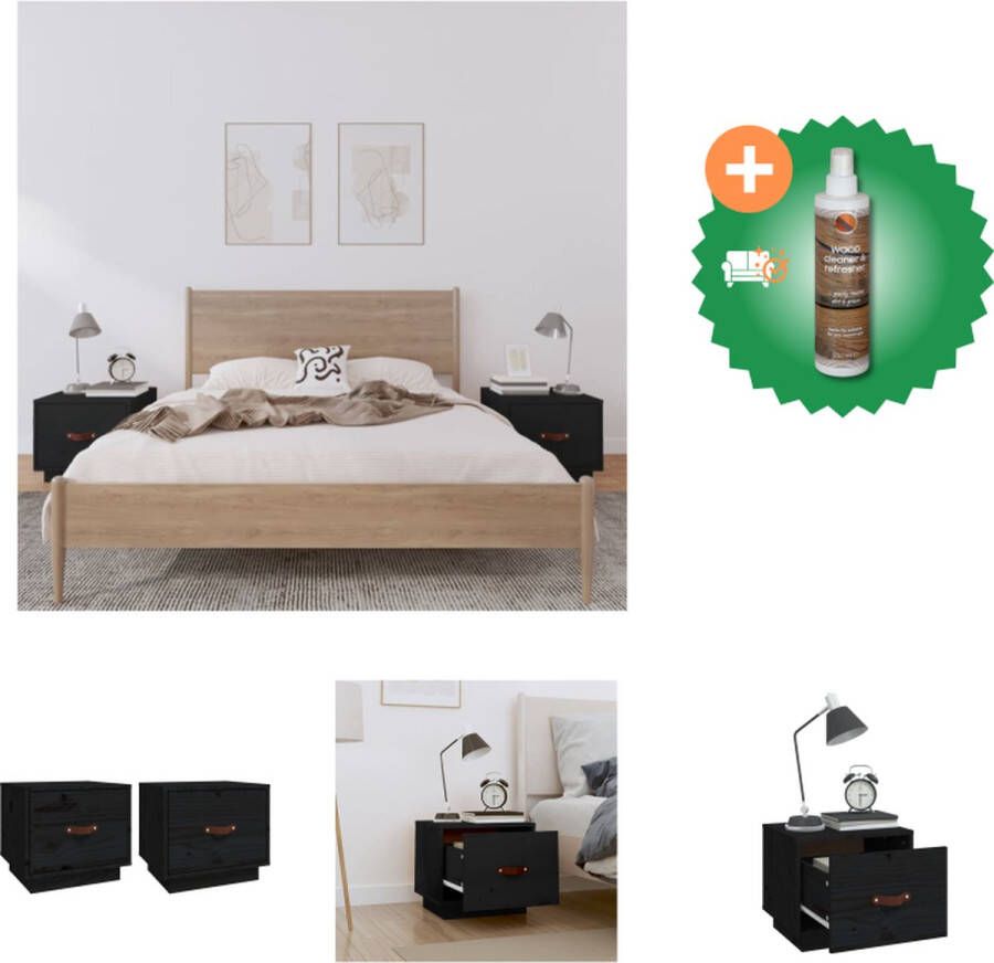 VidaXL Nachtkastje Houten 40 x 34 x 35 cm Massief Grenen Zwart Kast Inclusief Houtreiniger en verfrisser