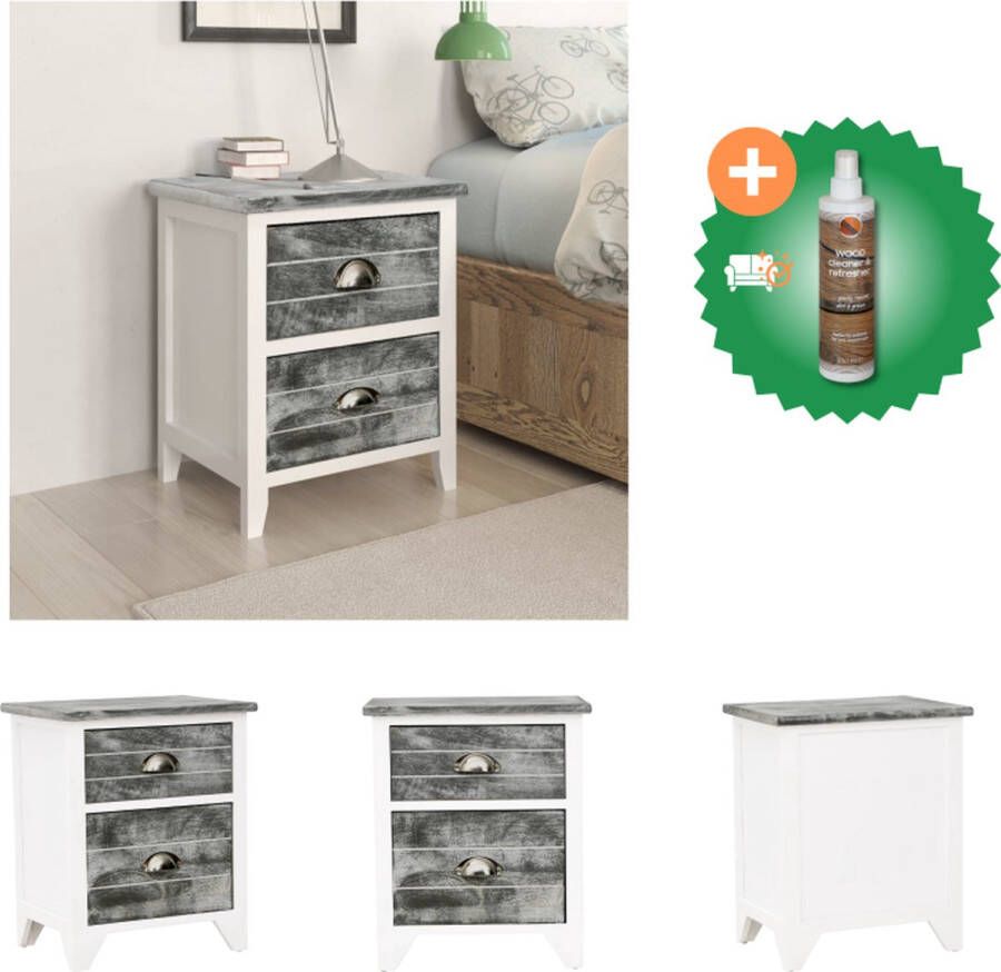 VidaXL Nachtkastje Houten Grijs en wit 38 x 28 x 45 cm Met 2 lades Kast Inclusief Houtreiniger en verfrisser