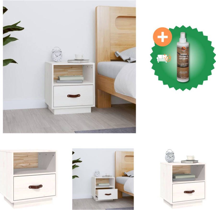 VidaXL Nachtkastje Grenenhout Elegant Meubels Afmeting- 40x34x45cm Kleur- Wit Kast Inclusief Houtreiniger en verfrisser