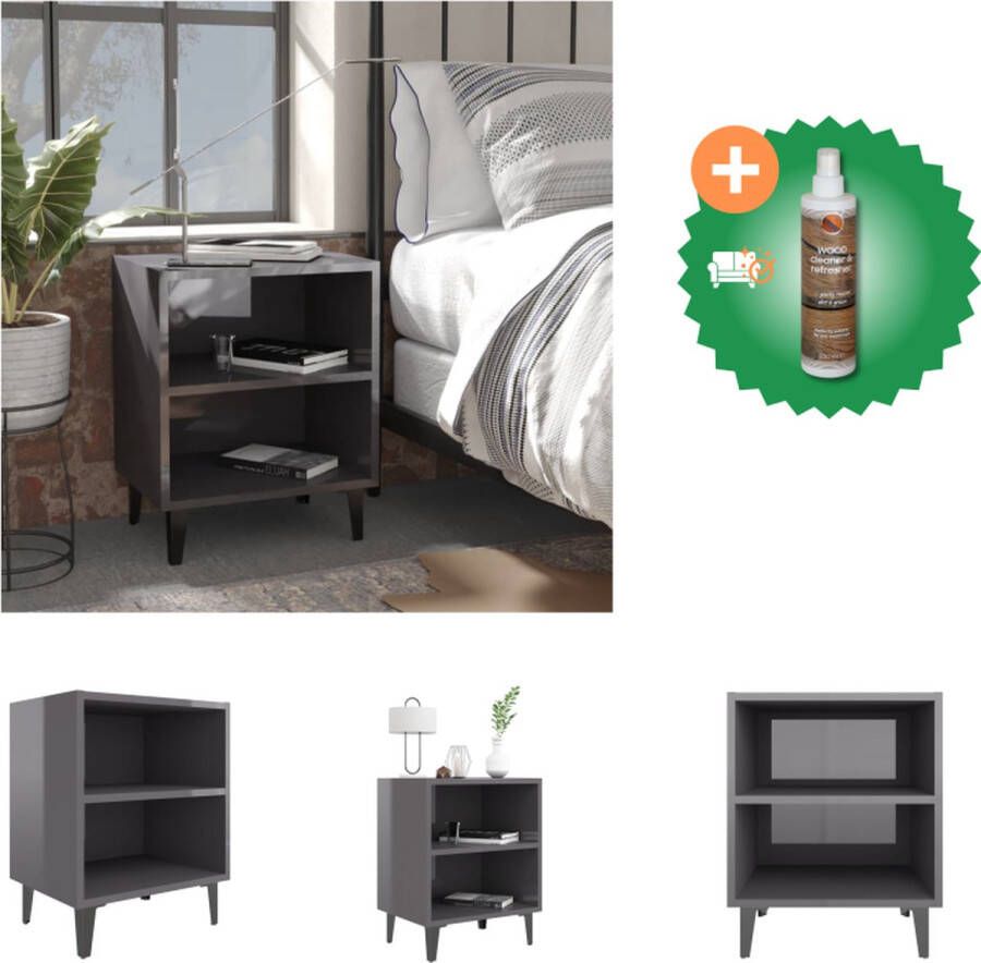 VidaXL Nachtkastje Industriële Stijl 40x30x50 cm Hoogglans Grijs Metalen Poten Kast Inclusief Houtreiniger en verfrisser