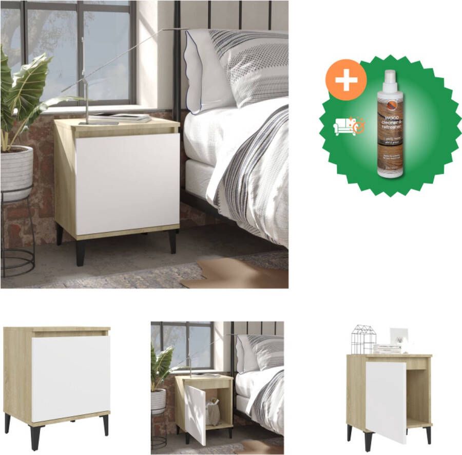 VidaXL Nachtkastje Industriële Stijl 40x30x50 cm Sonoma Eiken en Wit Metalen Poten Kast Inclusief Houtreiniger en verfrisser