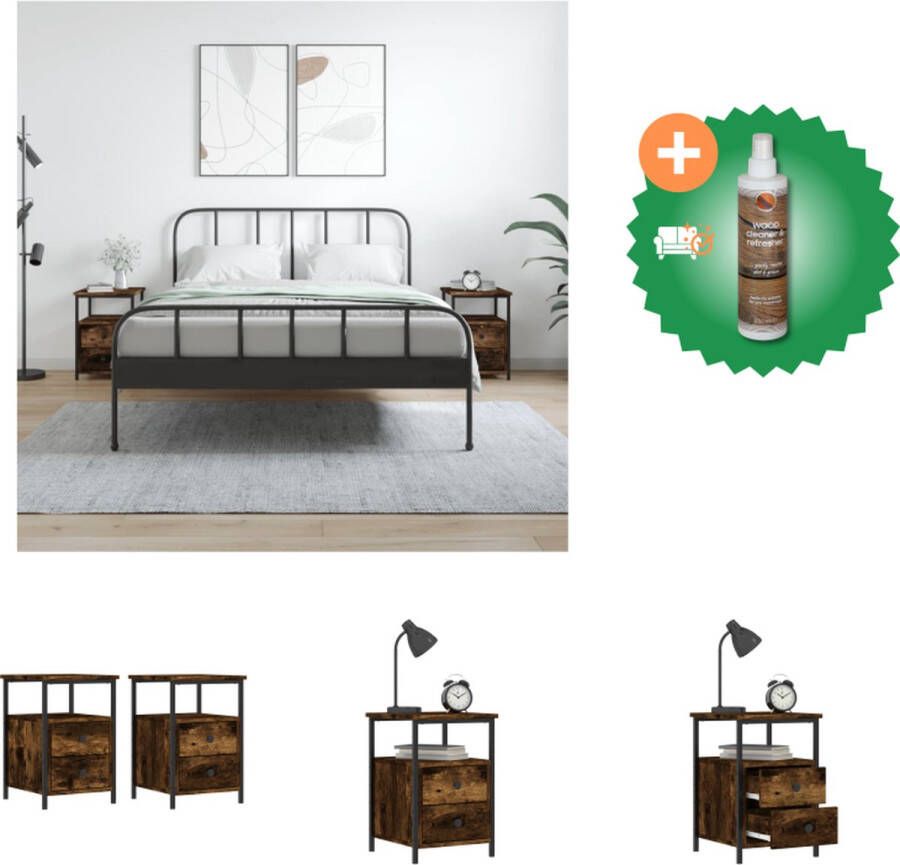 VidaXL Nachtkastje Industriële Stijl Gerookt Eiken 34x35.5x50cm 2 Stuks Kast Inclusief Houtreiniger en verfrisser