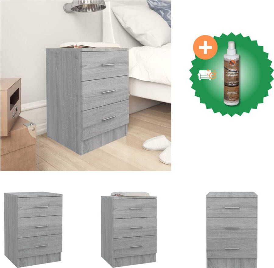 VidaXL Nachtkastje Klassiek Grijs Sonoma Eiken 38x35x56cm 3 Lades- Vochtbestendig Kast Inclusief Houtreiniger en verfrisser