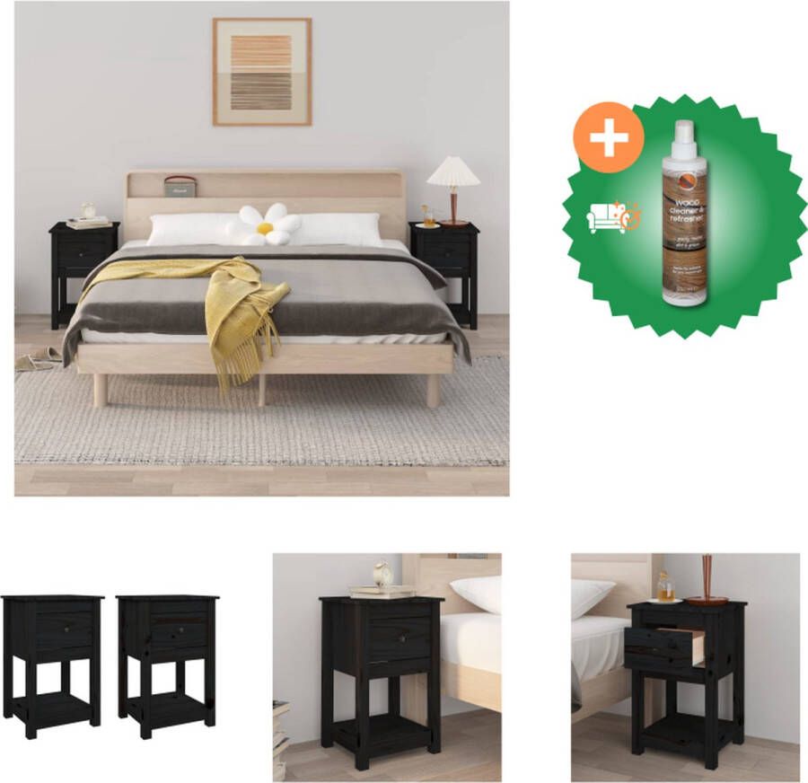 VidaXL Nachtkastjes Grenenhout Zwart Set van 2 40 x 35 x 61.5 cm Kast Inclusief Houtreiniger en verfrisser