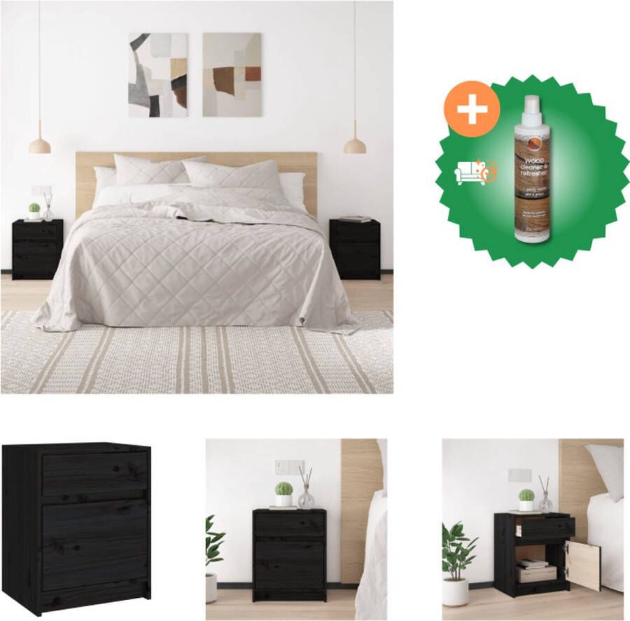 VidaXL Nachtkastje Massief grenenhout 40 x 31 x 50 cm Zwart Kast Inclusief Houtreiniger en verfrisser